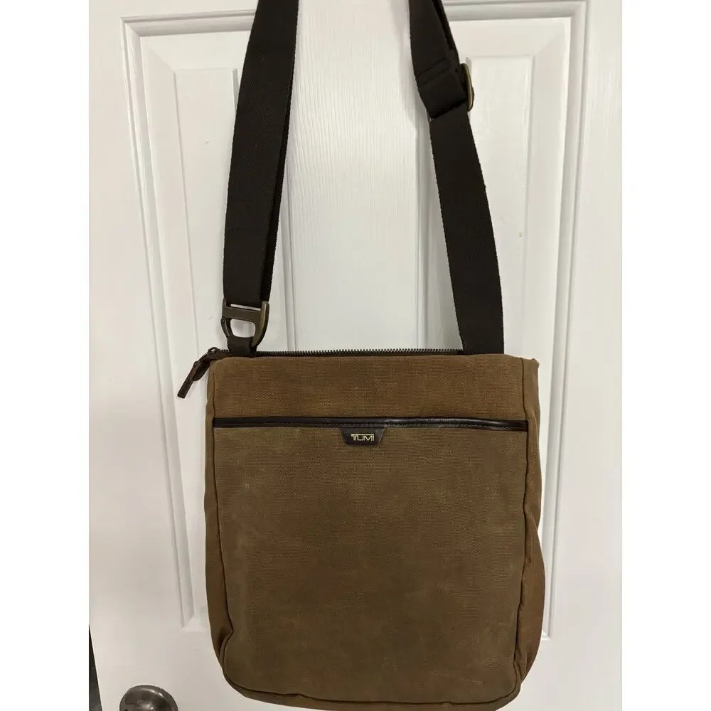 T Tech By Tumi Brown Canvas Leather Adjustable Mens Flap Crossbody Messenger Bag